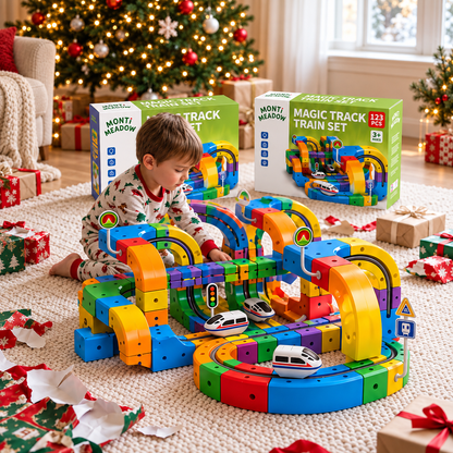 Child in Christmas pyjamas playing with a colourful Monti Meadow Magic Track Train Set beside gift boxes and a decorated Christmas tree.