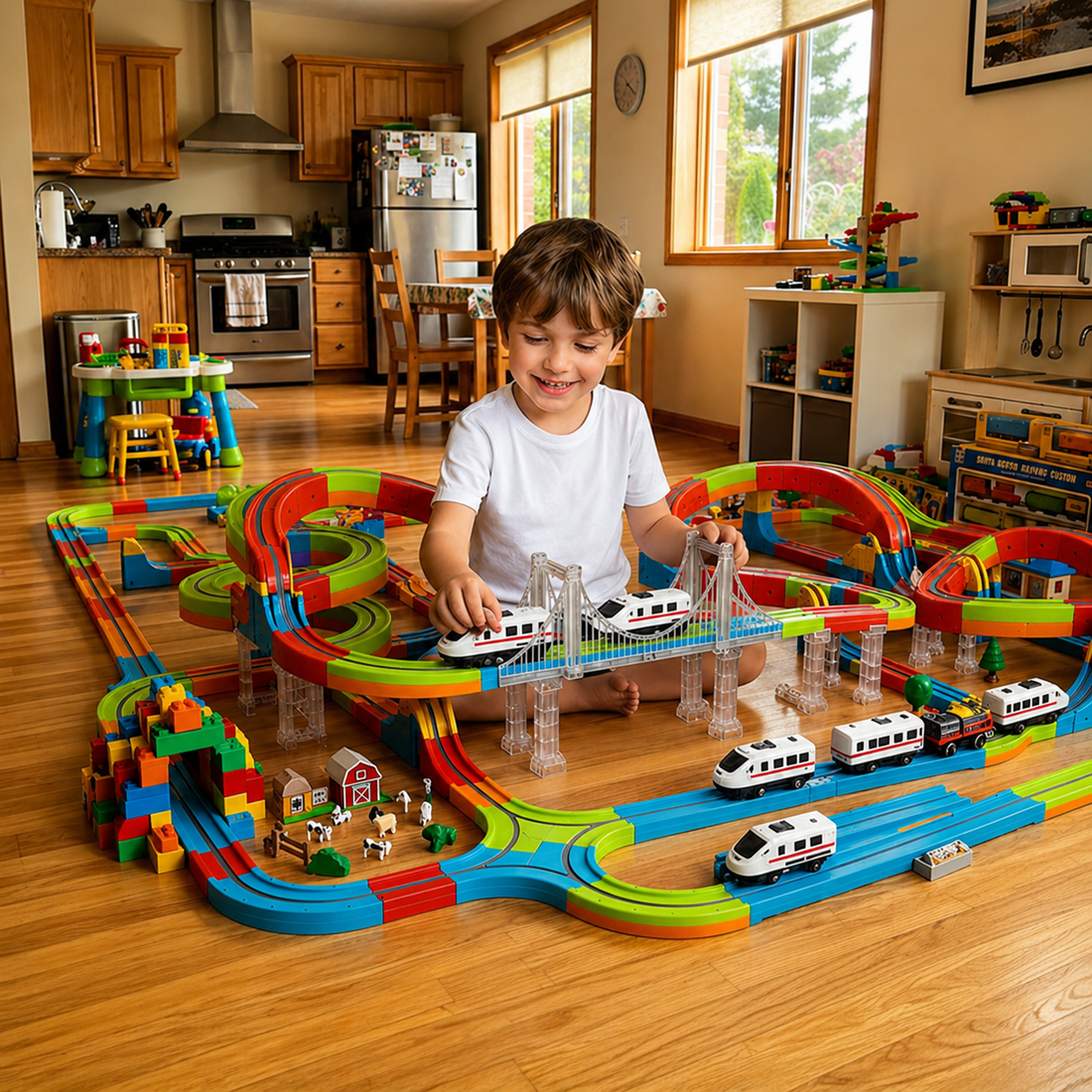 Smiling boy building a big colourful Magic Track train layout with bridges and trains on the living-room floor