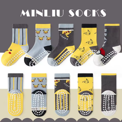 5 Pairs MINISO Pikachu children's socks dot rubber trampoline non-slip socks baby cotton socks cartoon boys floor socks
