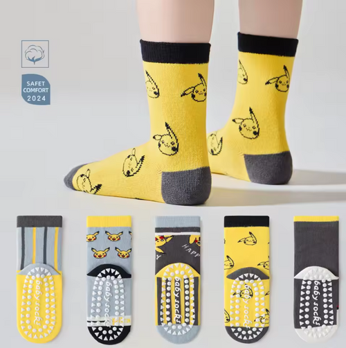 5 Pairs MINISO Pikachu children's socks dot rubber trampoline non-slip socks baby cotton socks cartoon boys floor socks