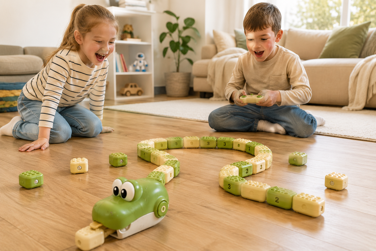 Two children laughing while playing the MeadowWiggle remote-control snake game on the floor