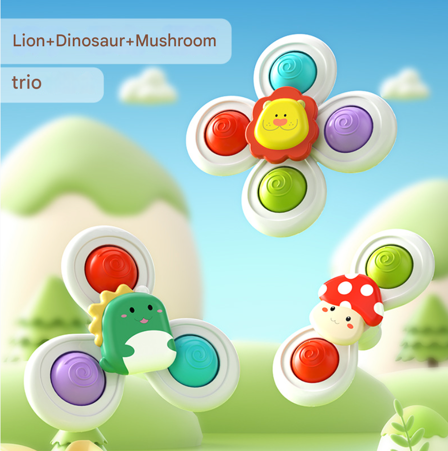 Suction Fidget Spinner Trio – Lion, Dino & Mushroom